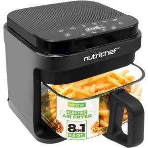 Nutrichef 5.8 Quart Air Fryer | 8-1 Preset Cook Modes | Transparent Fry Bowl for Best Cooking Results | Cook Shrimp, Steak, Fries, Wings, Chicken & More | Precise Temperature Control & Time | Grey, 14.0" X 11.6" X 11.1" -Inches