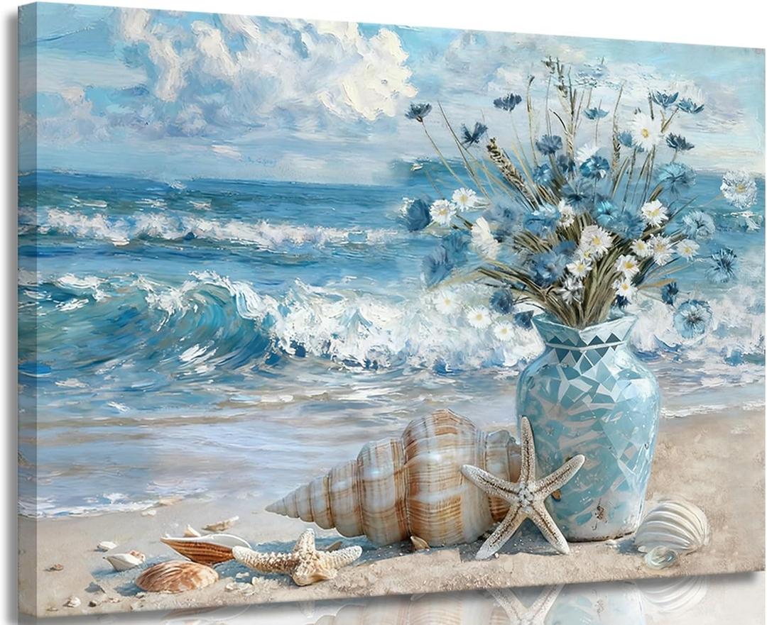 Framed Blue Ocean Beach Canvas Wall Art Modern Coastal Painting Picture Wall Decor Flowers Vase Starfish Conch Poster Print Artwork for Living Room Bedroom Bathroom Home Decoration 16x24in