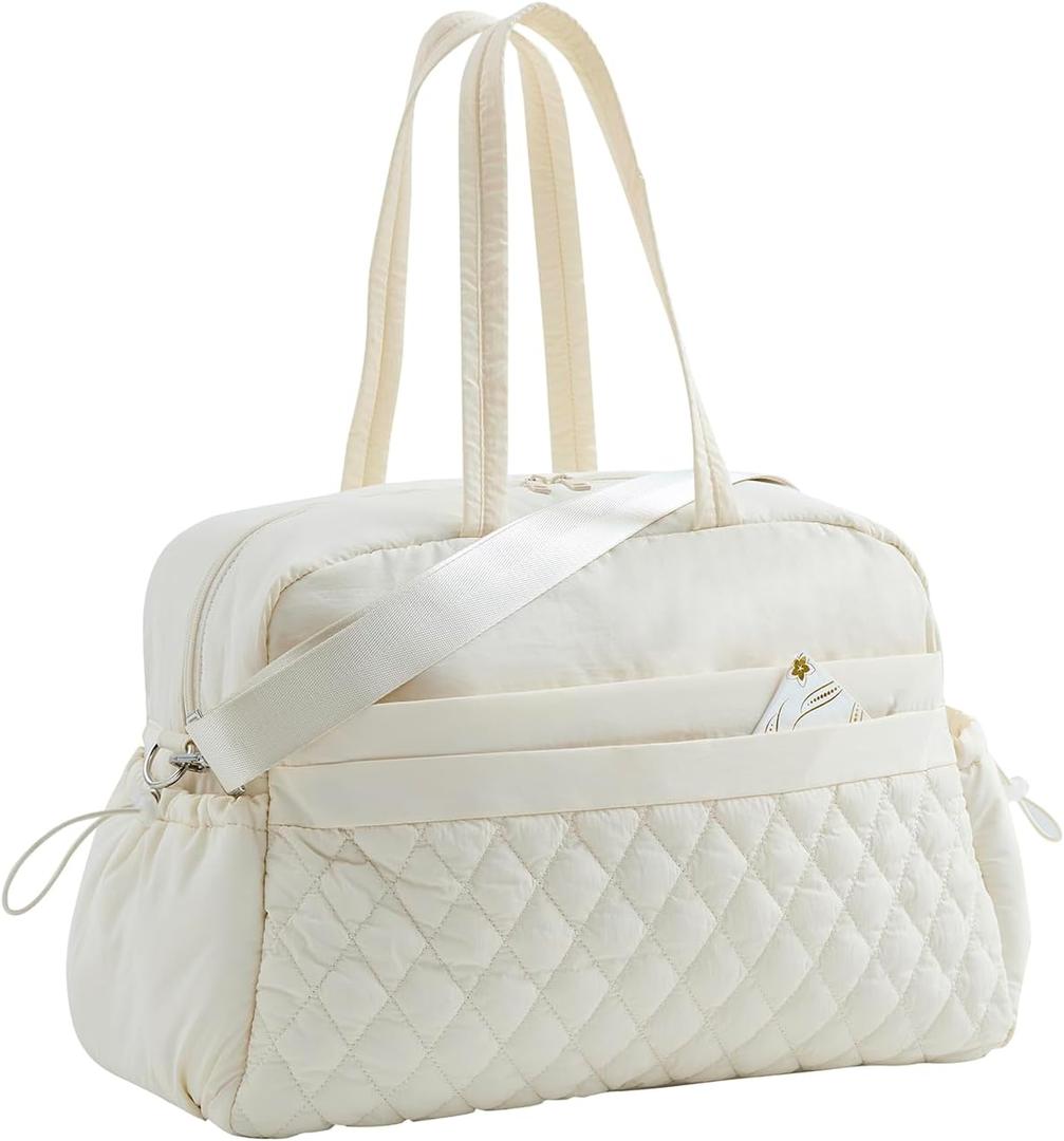 Water-Resistant Women's Duffle Bag - Carry On Approved Gym Tote with Wet Pocket, Lightweight Weekender Overnight Bag for Travel, Sports, Hospital 16.5x7.5x11 Inch Personal Item (Beige) Water-Resistant Women's Duffle Bag - Carry On Approved Gym Tote with Wet Pocket, Lightweight Weekender Overnight Bag for Travel, Sports, Hospital 16.5x7.5x11 Inch Personal Item (Beige)