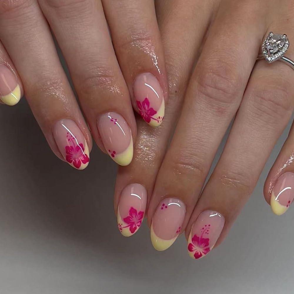 Almond Press on Nails Short CEWEWP French Tip Fake Nails Yellow False Nails with Designs Pink Flower False Nails Full Cover Glossy Glue on Nails Acrylic Nails Stick on Nails for Women Girls 24Pcs (Color13)