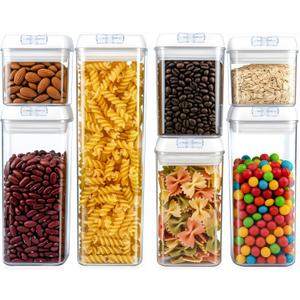 Airtight Food Storage Containers with Lids 7 pcs Plastic Kitchen and Pantry Organization Canisters for Cereal, BPA Free Kitchen Canisters for Spaghetti, Pasta, Dry Food, Flour and Sugar, Tall, Medium, Small, Mini