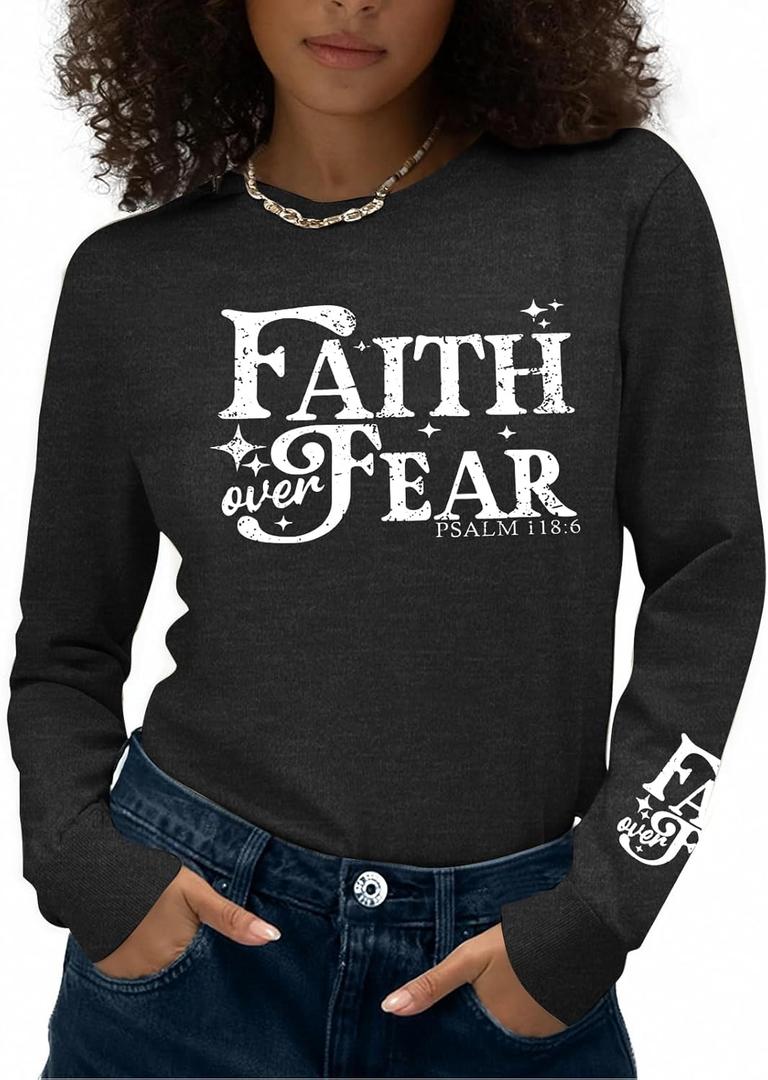 Long Sleeve Shirts for Women - Womens Christian Graphic Tees Religious Sayings Inspirational Tee Tops (X-Large, Grey)