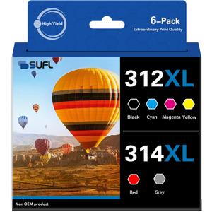 312XL 314XL High Yield Ink Cartridges Combo Pack - SFL Compatible Replacement for 312XL 314XL Ink Cartridge with Expression Photo XP-8500 XP-8600 XP-15000 Printer (6-Pack)