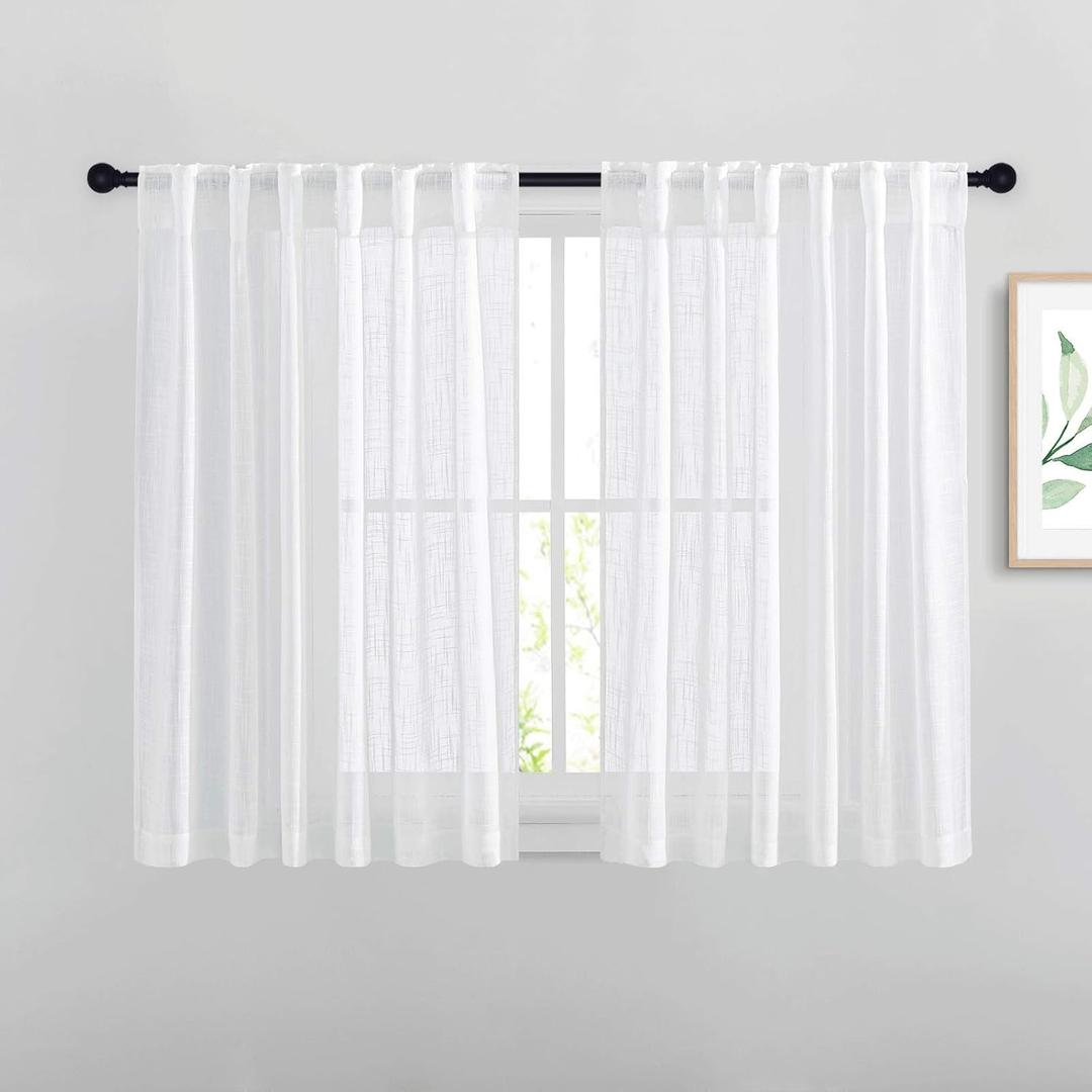 NICETOWN White Sheer Curtains 54 inch Length for Nursery, Rod Pocket & Back Tab Linen Blend Window Treatments Semi Sheer Privacy with Light Filter for Kids Room, W52 x L54, 2 Panels
