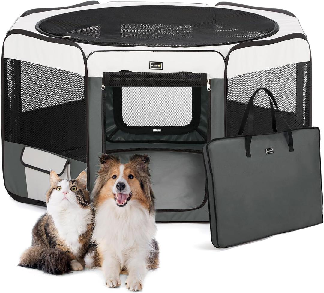 DONORO Dog Playpen Portable Pet Play Pens for Small Dog/Cat/Rabbit/Chicks, Cat Playpen Indoor/Outdoor with Carring Case, Removable Zipper Top and Bottom (Gray, Large (46"x46"x23"), 8)