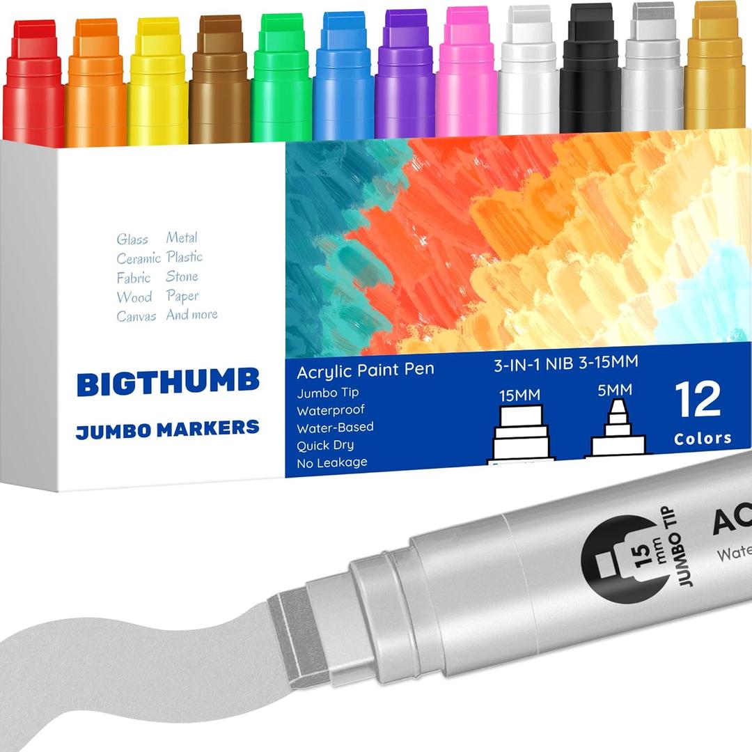 Jumbo Poster Markers Set: 12 Colors Large 15mm Wide Tip Permanent Ink Thick Acrylic Paint Pens for Rock Painting, Stone, Glass, Wood, Ceramic, Metal, Plastic, Fabric (Multicolor)