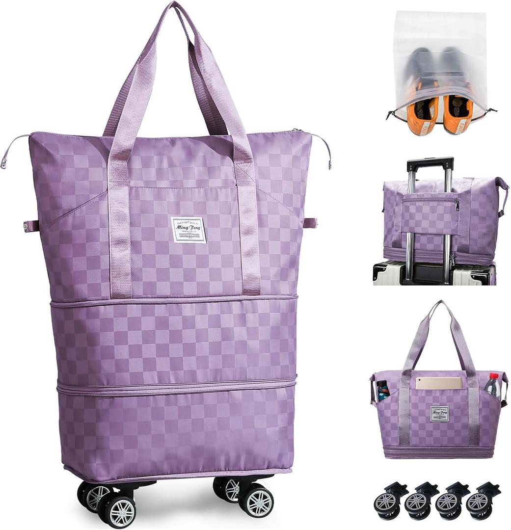 Rolling Duffle Bag with Wheels and Shoe Bag Expandable Foldable Travel Duffel Bag Carry on Luggage Bag Checkerboard Weekender Bag for Men Women