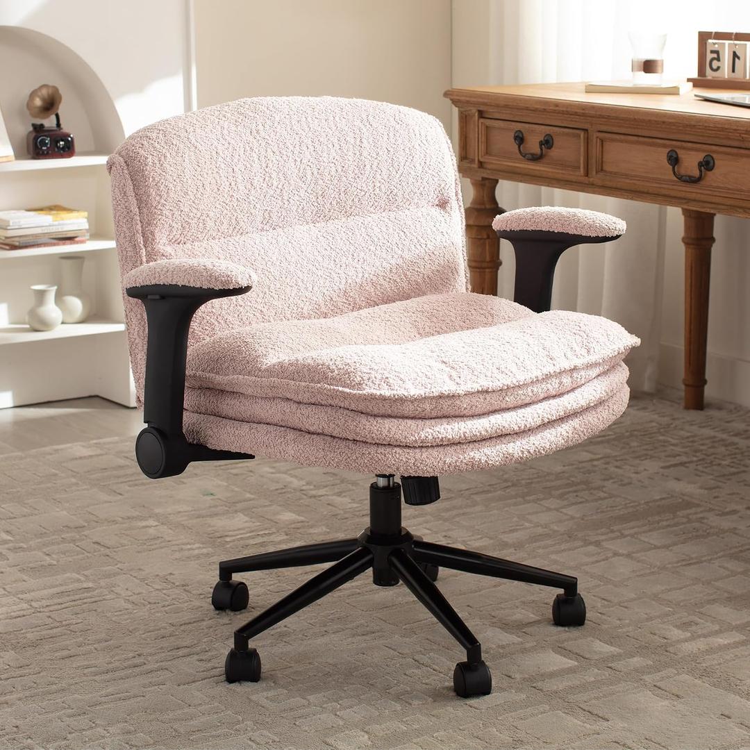 Dowinx Criss Cross Chair with Adjustable Flip-up Arms and Wheels, Comfort Ergonomic Office Desk Armchair with 3 Layer Cushions, Wide Seat Vanity Chair for Home Office, Living Room, Bedroom, Pink, Medium