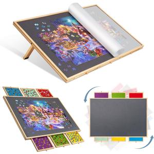 Lavievert 2-in-1 Tilting & Rotating Puzzle Board with 6 Colored Drawers & Cover, Portable Jigsaw Puzzle Table for Adults, Wooden Swivel Puzzle Plateau with Non-Slip Tabletop for Up to 1500 Pieces, 90 X 62 Cm