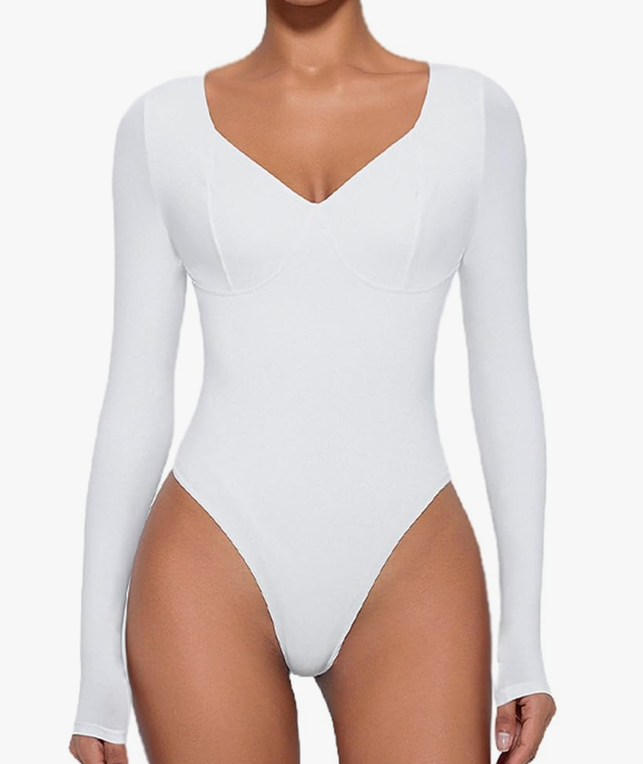Bodysuit for Women Long Sleeve Double Lined Tank Top V Neck Bodysuit Tummy Control Shapewear, Small