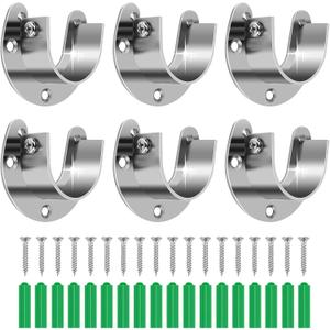 6-Pack Stainless Steel Closet Rod Brackets, U-Shaped Heavy Duty Flange Sockets for 1-1/4 Inch Rods, Rust-Proof Closet Rod Holders with 18 Screws & Anchors | Wardrobe, Kitchen, Balcony