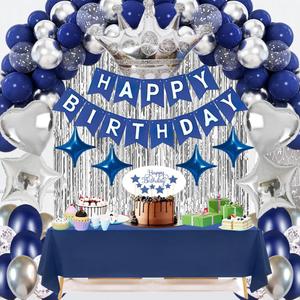 Navy Blue Birthday Party Decorations Set  Blue Theme Supplies with Banner, Star Garland, Crown, Heart & Star Foil Balloons, Fringe Curtain, Cake Topper, Tablecloth, Confetti Balloons for Men & Women