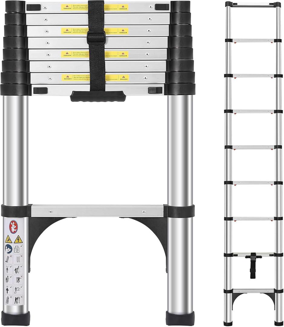 DEZEX Telescoping Ladders 8.5 FT Aluminum Ladder - One-Button Retraction Collapsible Telescopic Ladder for Home,RV,Attic & Loft, Lasts 330 LBS with 2 Triangle Stabilizers