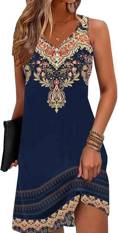 Floral Printed Summer Dresses A-Line Elegant Dress Womens Vintage Sleeveless Beach Sundress, XL, Royalblue