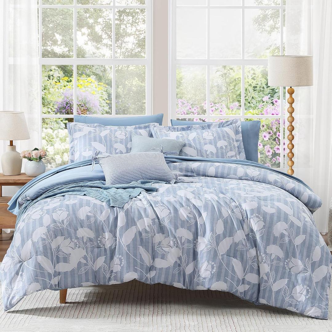 BLOOMHAVEN Full Comforter Set -7 Pieces Blue Floral Comforter Set for All Seasons, Bed in a Bag Full with Botanical Flowers Comforter, Sheets, Pillowcases & Shams