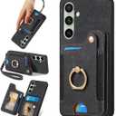 for Samsung Galaxy S24 FE Case with Card Holder for Woman Man,PU Leather Flip Folio Wallet Case,RFID Blocking Ring Holder Kickstand Wrist Strap Magnetic Protective Cover for Galaxy S24 FE Black