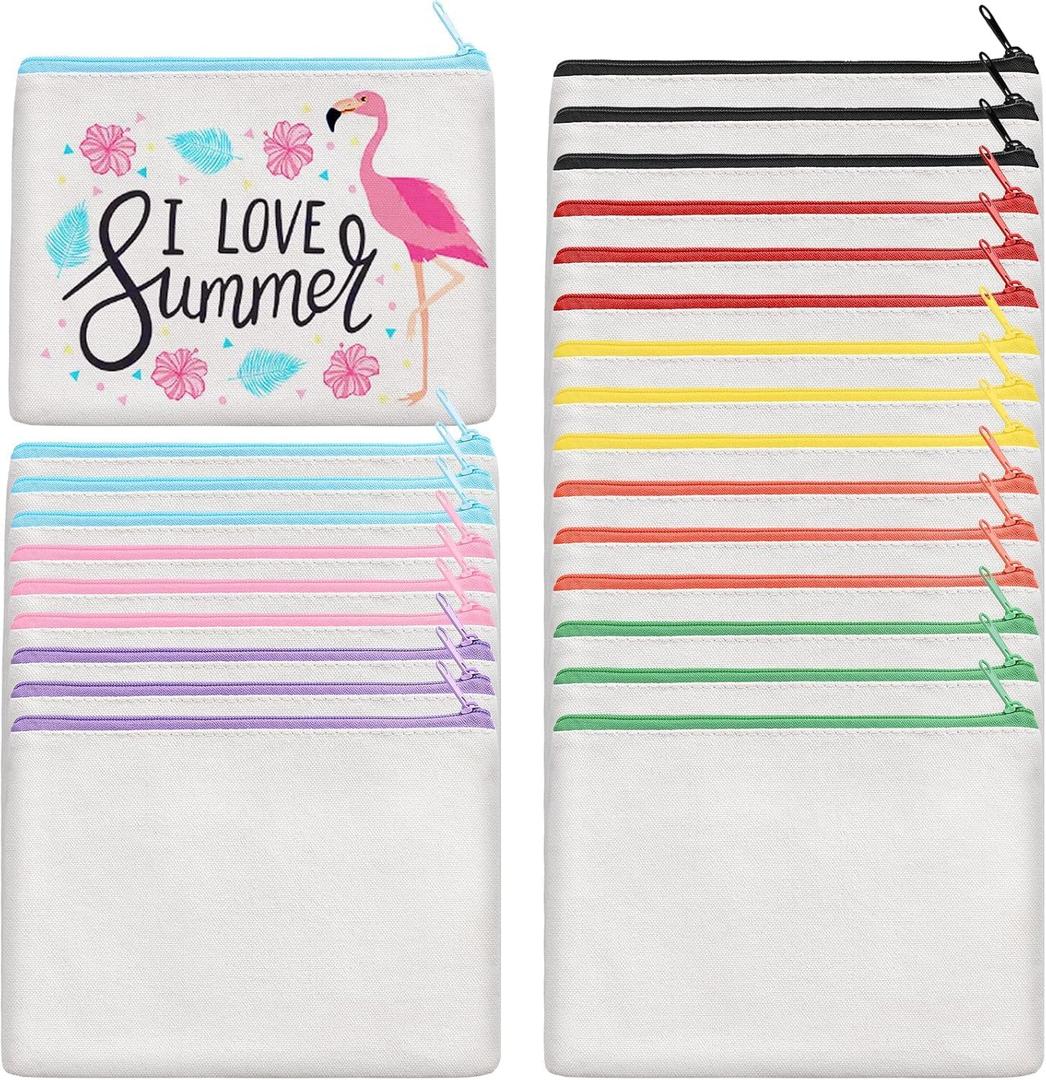 24Pcs Canvas Makeup Bags Bulk, 7.87 x 5.7 Inch Cotton Sublimation Blank DIY Heat Transfer Cosmetic Bag w/Colorful Zipper for Bridesmaid Makeup Bag Travel Toiletry Pouch Storage, Mother's Day Craft
