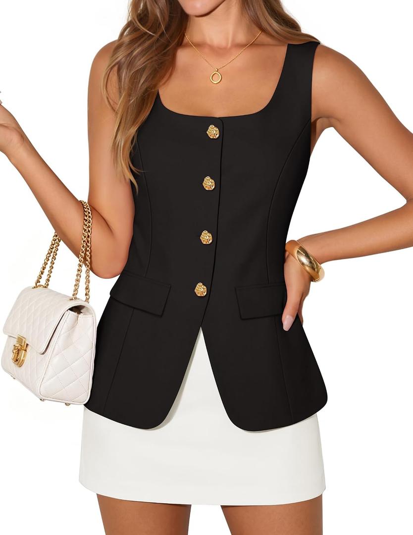 ZESICA 2026 Summer Casual Sleeveless Suit Vest for Women Square Neck Button Down Work Business Blazer Vests Waistcoat XXL