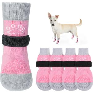 SCENEREAL Dog Socks to Prevent Licking Paws for Hot/Cold Pavement Anti Slip, Dog Shoes for Hardwood Floors, Dog Boots & Paw Protectors with Grippers for Small Medium Large Senior Dogs, Pink XS (Pink Pearl Paw(Pack of 4))