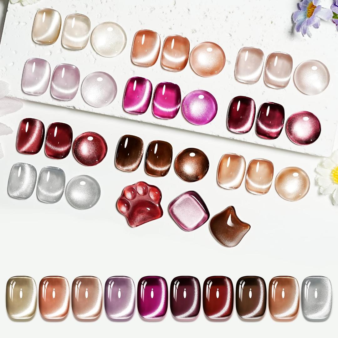JODSONE Cat Eye Gel Nail Polish Set Pink Rose Red Sliver Collection 10 Colors Holographic Sparkle Cat Eye with Base Coat Top Coat Magnet DIY Nail Art Gift (10Color-CE-01)
