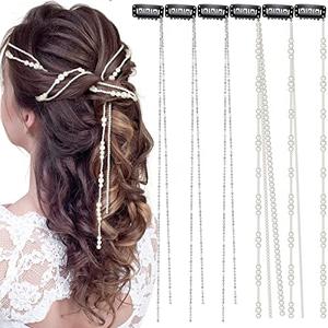 Chunyin 4 Pcs Rhinestone Hair Chains for Women Pearl Charm Rhinestone Hair Jewelry Accessories Crystal Extensions Clips Silver Gold Pins for Braids(Mixed Pearls)