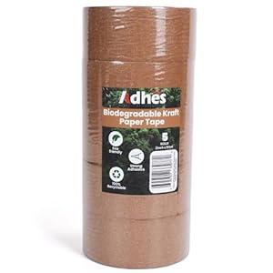 Adhes Biodegradable Kraft Paper Tape 5 Rolls 2 Inch x 50 Yards, Compostable & Plastic-Free Packing Tape, Heavy Duty Adhesive for Shipping and Moving Boxes