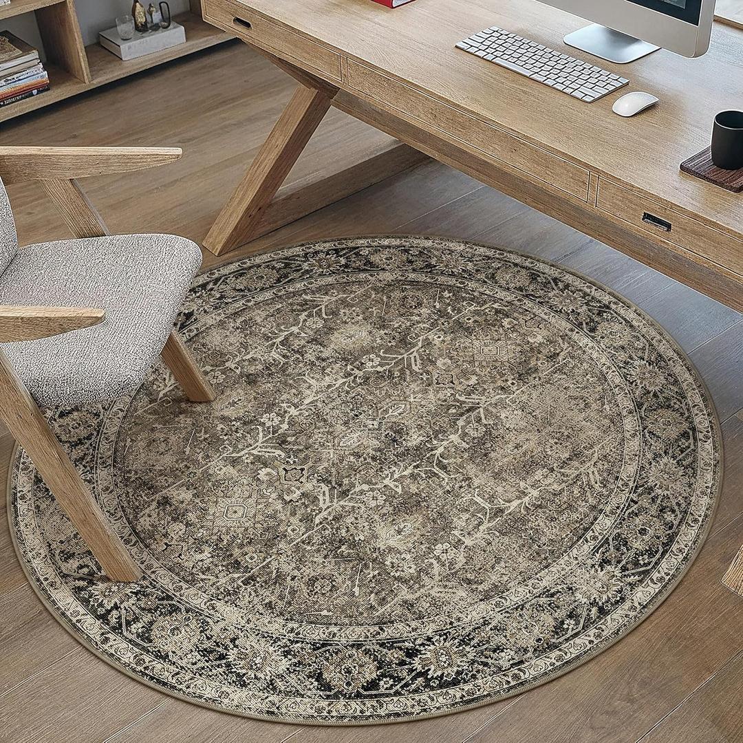 Brown Round Area Rug 3ft Entryway 3x3 Circle Vintage Indoor Kitchen Washable Door Mat Living Room Carpet Non Slip Traditional Distressed Retro Accent Throw Rug Office Dining Room Bathroom