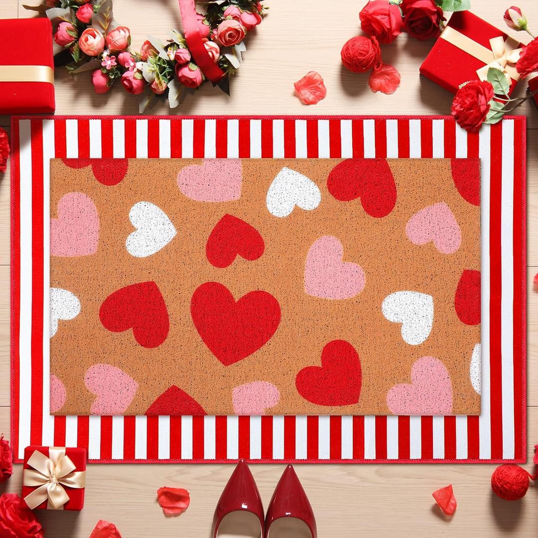 Duraaamo 2 Pcs Valentines Door Mat Heart Outdoor Welcome Mats for Front Door Love Non Slip Coir Floor Doormat Red White Pink Stripe Rug for Outside Front Porch Entryway Decor(Pink White Heart)