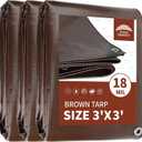 RAINDEWAY 3x3 Feet (3 Pack) Super Heavy Duty Tarp 18 Mil,Small Tarps UV Resistant, Weatherproof, Multipurpose Waterproof Poly Tarp Cover with Grommets and Reinforced Edges,Brown Tarps