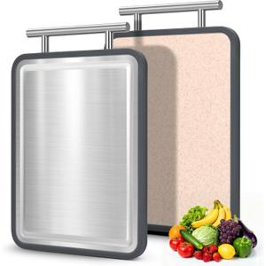 Small Stainless Steel Cutting Board 8 * 10 Inch, IDekooror Double Sided Steel Chopping Board for Kitchen, Steel and Wheat Straw PP 2-in-1 Cutting Board for Meat, Vegetables, Fruits, Dishwasher Safe