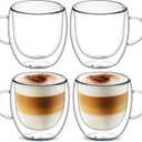 Sorfity Cappuccino Glass Mugs, Set of 4 Double Walled Espresso Mug Cups Glass Mug Set Insulated Clear Drinking Glass Coffee Cups with Handle for Latte, Cappuccino, Tea Bag, Juice (250ml /8.45oz)