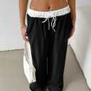 SOLY HUX Women's Drawstring Elastic Waist Wide Leg Pants Color Block Long Pants with Pockets (Black, M)