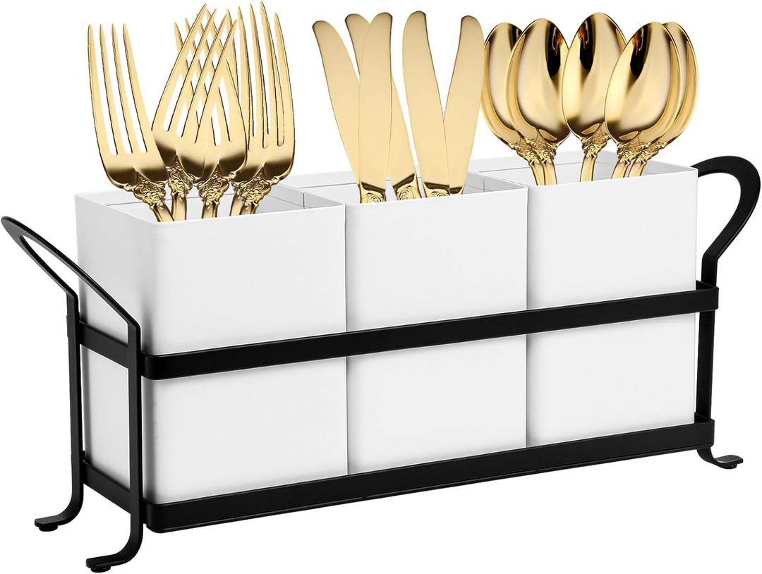 NelyBet Utensil Holder Silverware Caddy for Party Countertop, 3pcs Bins Set Silverware Caddy Organizer Holders for Spoon and Fork, White and Black