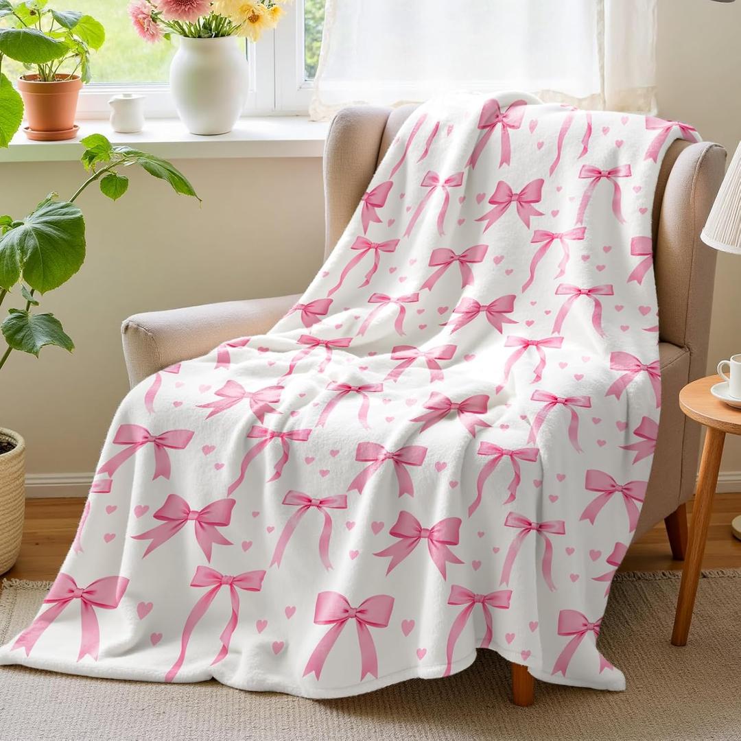 Lotus Karen Pink Bow Fleece Blanket 50x60 Inch Christmas Birthday Valentine's Day Gifts for Girls Women Pink Throw Blanket Coquette Preppy Bow Decor for Bedroom Dorm Soft Lightweight Bed Sofa Throws