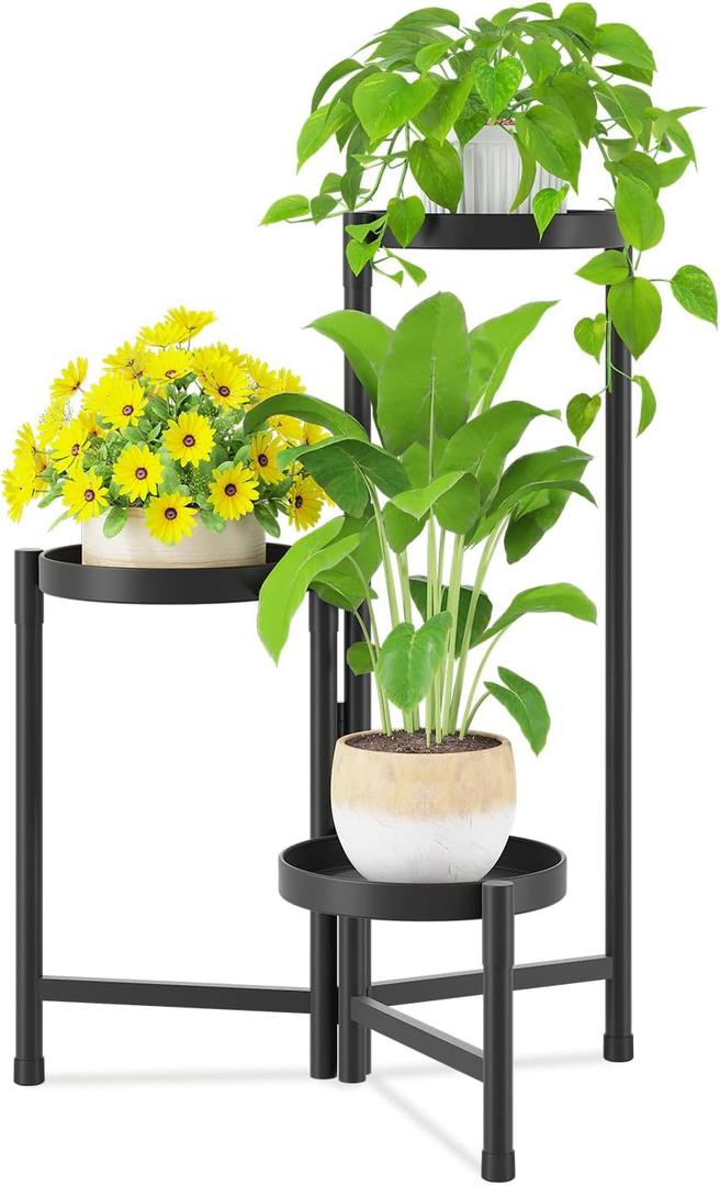 iDavosic.ly Plant Stand Indoor Outdoor, 3 Tier Corner Metal Flower Display Holder Shelf, Easy Assembly Folding Tall Orchid Rack for Patio Balcony Porch Garden Living Room House, Black