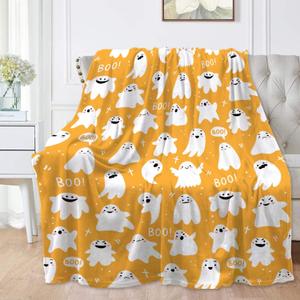 Cute Cartoon Ghost Yellow Blanket Halloween Lightweight Throw Blanket for Women Men Soft Cozy Fleece Couch Living Room Bed Blanket for Kids Girls BoysAll Season Medium 60"x50"Twin Teen