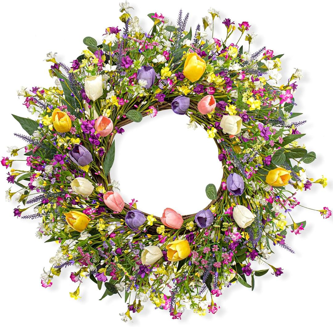 22 Inches Spring Wreaths for Front Door Rustic Summer Door Wreath Colorful Spring Floral Wreaths Farmhouse Easter Tulip Wreath for Window Front Porch Home Indoor Inside Outside Decoration