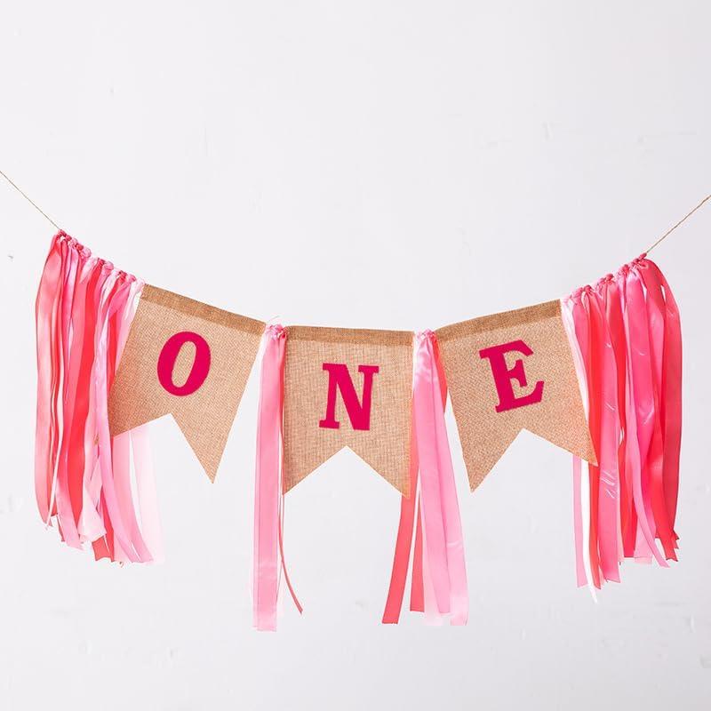 SS Cohen 1st Birthday Girl Decorations with Burlap Highchair pink Banner for Happy First Birthday Party Decoration Supplies