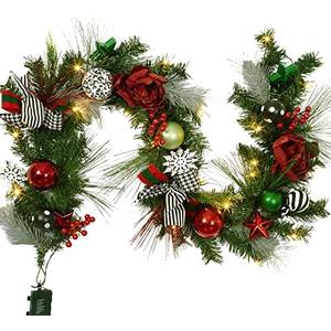 Adeeing 6 FT Christmas Garland with Lights, Pre-lit Outdoor Garland with Battery Operated 20 LED Lights, Holiday Garland with Stars, Flower, Berry Branches , Snowflakes for Mantel(Red and Green)