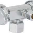 Eastman 3/8 Inch OD Compression x 3/8 Inch OD Compression x 1/2 Inch FIP Multi-Turn Dual Handle Three Way Stop Valve, Brass Plumbing Fitting, Chrome, 04325LF