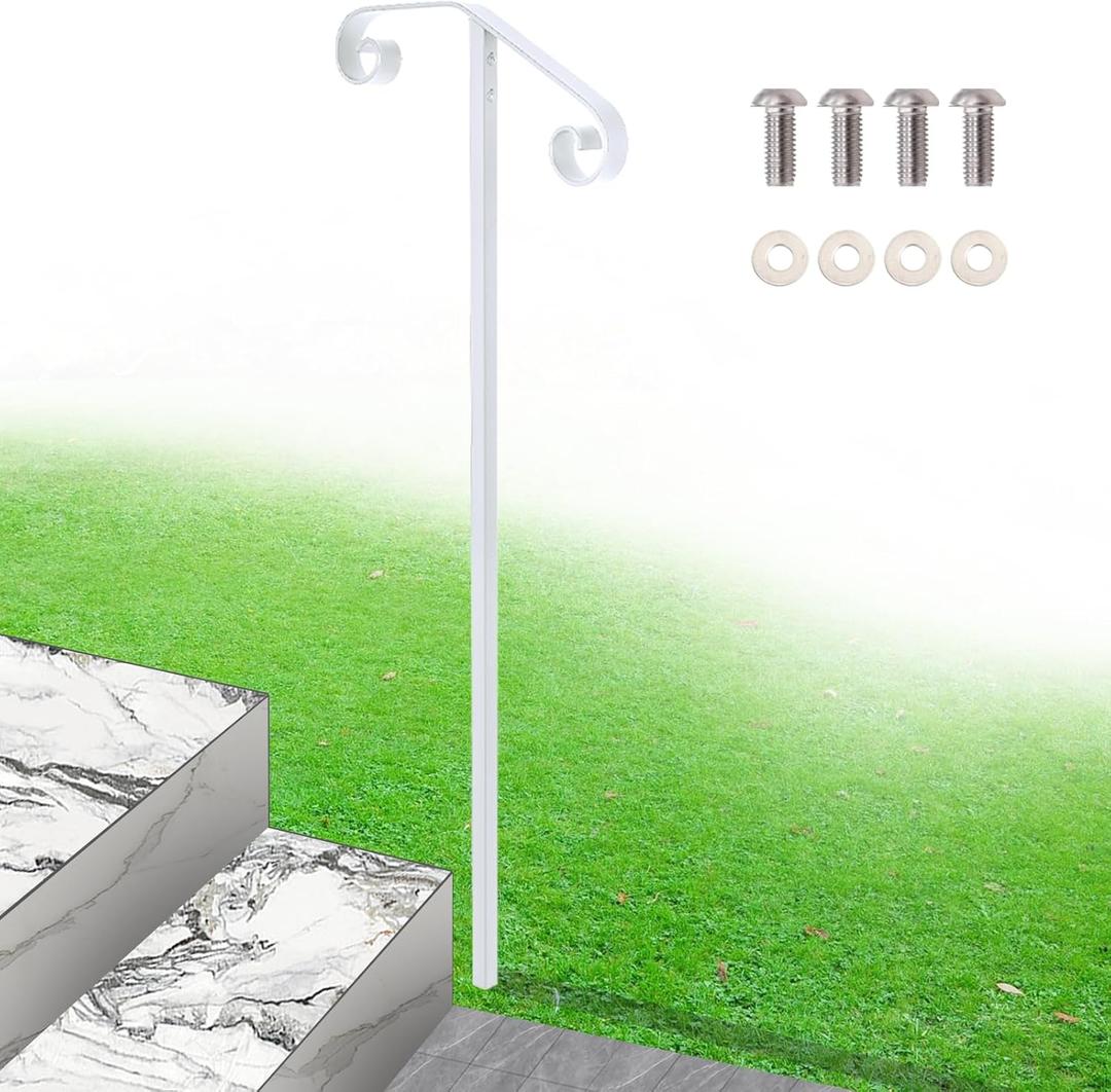 Single Step Handrail, 1 or 2 Steps Single Post Handrail in Ground, White Rust-Proof Wrought Iron Stair Railing for Seniors, Porch, Deck