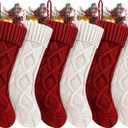 Fesciory Christmas Stockings, 6 Pack 18" Large Knit Stocking & Decor for Family Holiday Xmas Party Gift, Burgundy&Ivory