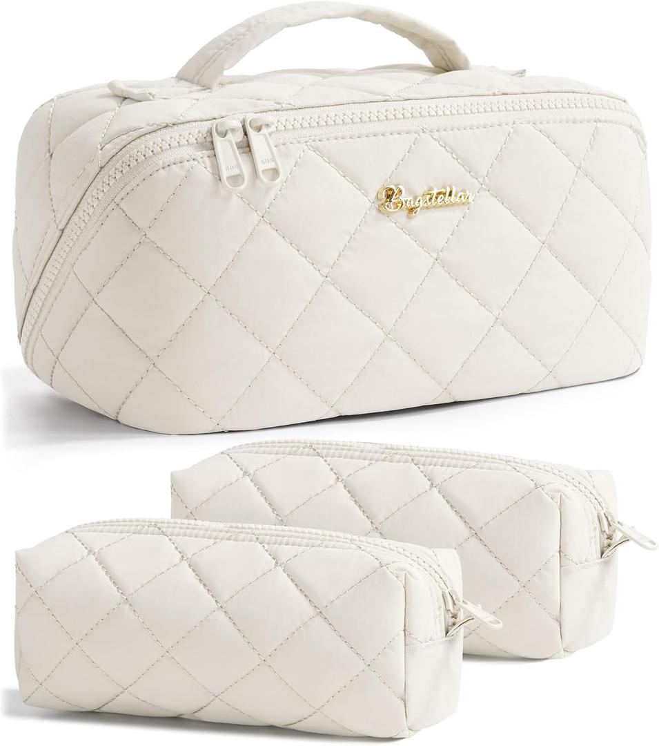 Travel Makeup Bag, 3 Pcs Large Capacity Puffy Toiletry Bag for Women, Open Flat Make up Cosmetic Organizer w/Handle & Clear Divider Water-resistant Portable Pouch Travel Essentials, M-Cream White (EXP 08/25/32)