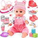 SMILESSKIDDO Baby Doll Set - 14" Babydoll with Dolls Accessiores, Realistic Pretend Play Doll Includes Carrier Bassinet Bed, Feeding Set, Doll Clothes, Toddler Toys Gifts for 1 2 3 4 5 Year Old