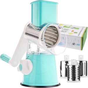 Manual Rotary Cheese Grater Round Vegetable Potato Carrot 3 Interchangeable Cheese Grater Mandoline Slicer with Power Suction Base "Blue"
