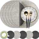 13-Inch Faux Leather Round Placemats Set of 6, Waterproof Anti-Slip Dual Sided Place mats, Heat Resistant Washable Table Mats with Coaster, Suitable for Indoor & Outdoor (6, Black Light Gray)