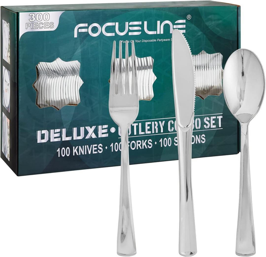 FOCUSLINE 300 Pack Silver Plastic Cutlery Set - 100 Forks, 100 Knives, 100 Spoons - Disposable Flatware Heavy Duty Plastic Silverware Set for Catering, Parties, Dinners, Weddings FOCUSLINE 300 Pack Silver Plastic Cutlery Set - 100 Forks, 100 Knives, 100 Spoons - Disposable Flatware Heavy Duty Plastic Silverware Set for Catering, Parties, Dinners, Weddings