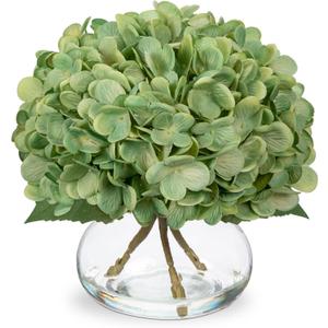 Hollyone Hydrangea Artificial Flowers with Glass Vase Dark Green Silk Faux Flowers Arrangements in Vase with Faux Water Fake Floral Bulk Bouquet for Home Decor Table Centerpiece Decorations