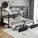 Heavy Duty Triple Bunk Bed with Storage Drawers, Shelves, Triple Bed with Charging Station, Full XL Over Twin Over Twin Triple Bunk for Kids, Teens, Black Triple Bunk Bed