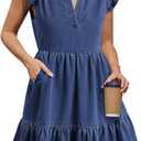 Denim Dress for Women Ruffle Short Sleeve V Neck Jean Mini Dress with Pockets (Large, Dark Blue)